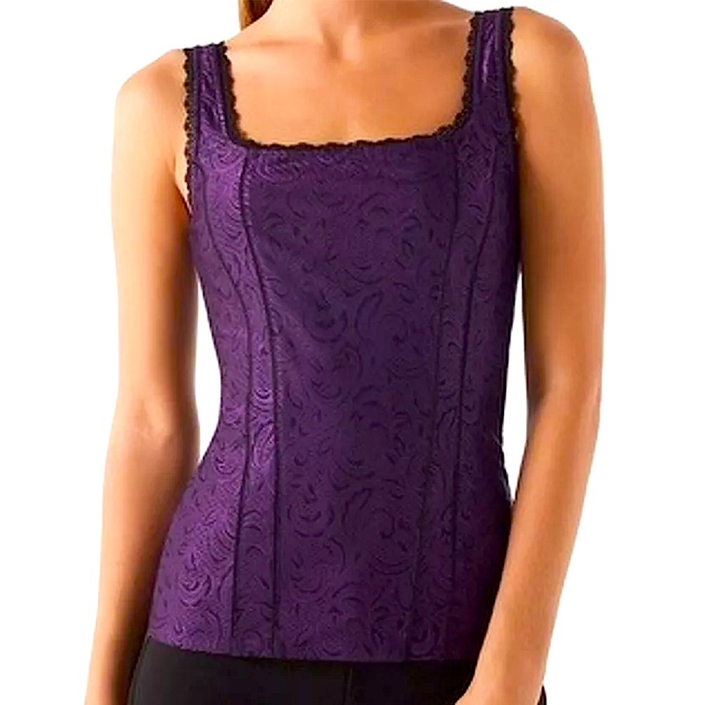 WHBM M top corset paisley jacquard purple black lace trim tank